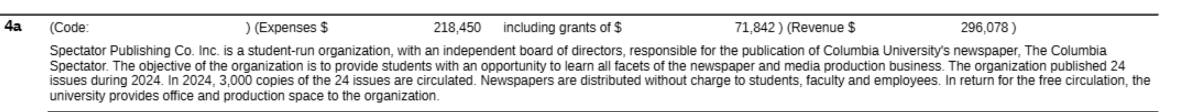 Excerpt from Spectator Publishing Company's fiscal-year 2024 Form 990 stating that the University provides office and production space to the organization